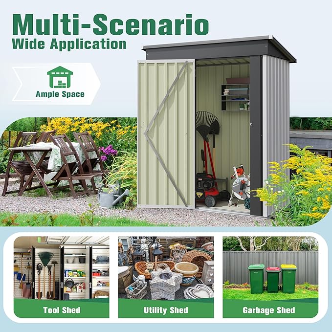 Flamaker 5x3 FT Storage Shed Waterproof Metal Garden Shed with Lockable Door Utility Tool Shed Outdoor Storage for Backyard, Patio and Lawn, White