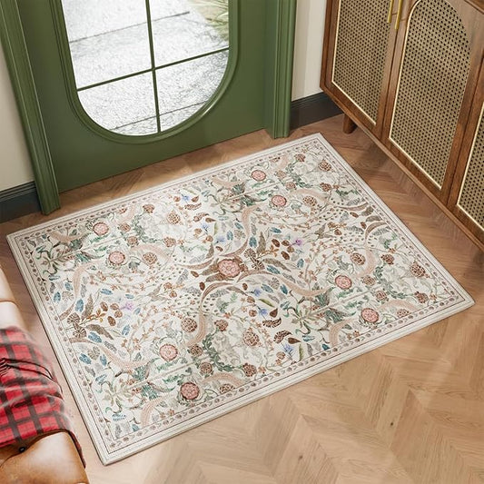 AMTOVO 2x3 Washable Entryway Area Rug Door Mat, Vintage Boho Floral Distressed Print Non-Slip Carpet, Small Throw Rug for Indoor Entrance Kitchen Bedroom Bathroom Laundry Floor, Beige