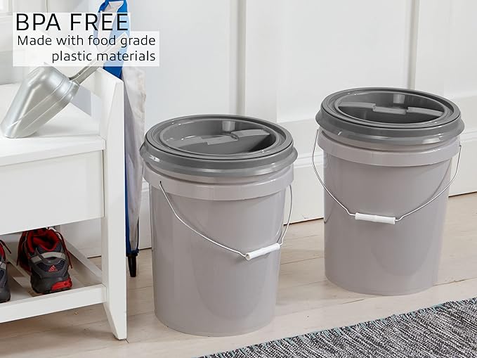Mighty Tuff 5 Gallon / 21 Pound Pet Food Storage Container, Pack of 2 with Metal Handle and Airtight Lid to Lock in Freshness, Light Grey Base & Dark Grey Lid