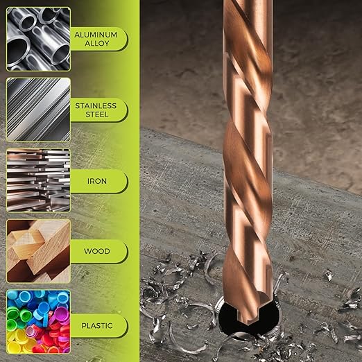21-Piece Cobalt Drill Bit Set, M35 HSS Titanium Coated Twist Drill Bits with Dash Point and 135 Degree Points, 3 Flat Shanks, for Hard Metal, Stainless Steel, Cast Iron, Plastic