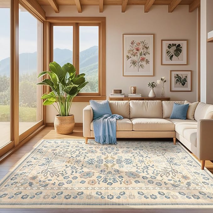7x9 Area Rug Living Room Rugs - Washable Boho Vintage Floral Large Soft Non Slip Thin Rug Low Pile Carpet for Bedroom Dining Room Kids Playroom Office Decor Indoor- Multi Color