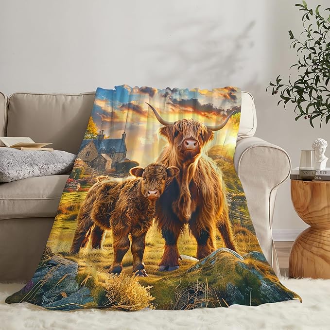 Highland Cow Blanket Gifts for Girls Boys Soft Warm Plush Highland Cattle Throw Blanket Flannel Fleece Fuzzy Farm Animal Stuff Blanket for Bed Couch Living Room Decor 80"X60"