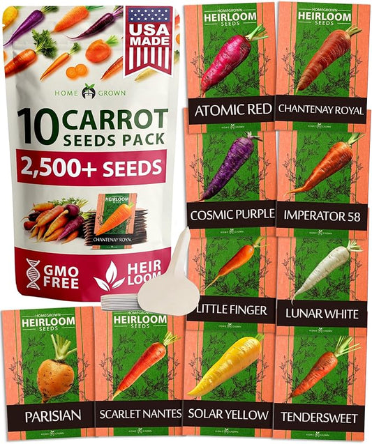 HOME GROWN Rainbow Carrot Seeds – 2500+ Heirloom Seeds (10 Varieties) – High Germination, Vegetable Seeds for Planting Indoors or Outdoor Home Garden