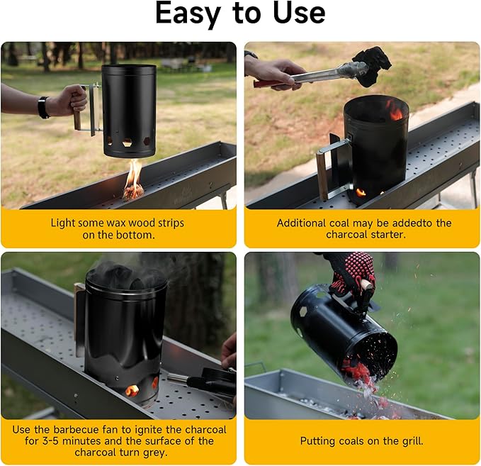 WILLBBQ Charcoal Chimney Starter, Heavy Duty Premium Chimney Starter for Charcoal Grills BBQ Accessory with Heat Resistant Wooden Handle for Outdoor Grill Camping (Dark Black)