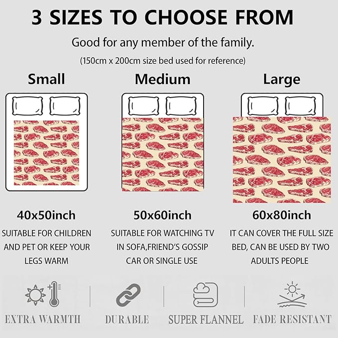 Steak Pattern Throw Blanket Gifts for Women, Soft Fuzzy Warm Cozy Flannel Blankets for Bedroom, Travel, Couch, Home Decor 60x80 in