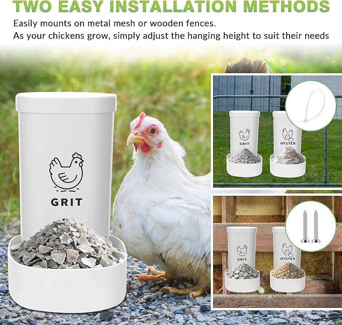 2 Pack Chicken Oyster Shell Feeder, Grit Feeder with Lid, Hanging Gravity Chicken Poultry Feeders Trough, Coop Accessories Supplies