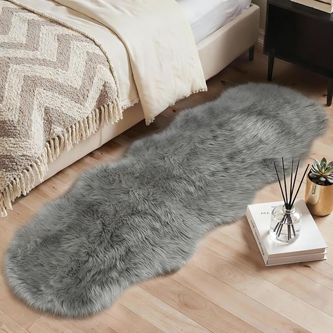 GENIMO 2x6 Fluffy Faux Fur Rug Runner, Ultra Soft Shaggy Sheepskin Rug, Area Rugs for Bedroom, Living Room, Home Office, Light Grey