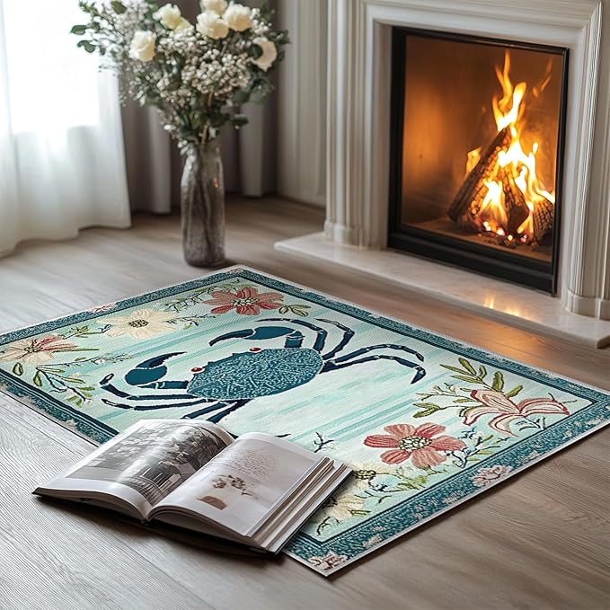 2x3 Crab Area Rugs Boho Teal Rug for Bathroom Kitchen Entryway Indoor Soft Non-Slip Thin Hippie Carpet Small Floral Doormat for Office Dining Room Home Decor Under Table Washable Machine