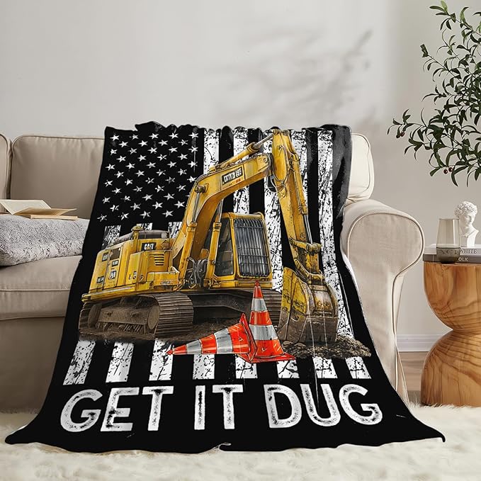 Dynova Excavator Blanket Cozy Plush Construction Throw Blankets Fuzzy Flannel Fleece Tractor Toys Gifts Car Theme Decor for Girls Boys 80"X60"