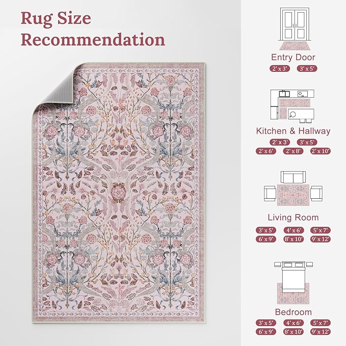 AMTOVO 6x9 Washable Area Rugs for Living Room, Non-Slip Colorful Floral rug, Soft Boho Vintage Accent Printed Pattern Carpet for Bedroom Girls Room Dorm Dining Room Farmhouse Nursery Home Office, Pink
