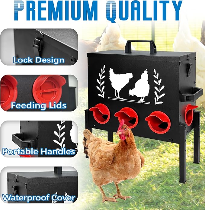 Chicken Feeders, 50 lb Capacity 8 Port Automatic Chicken Feeder, Metal Chick Feeders with Locking Lid and Legs, Chicken Feeder for Chickens, Ducks, Geese