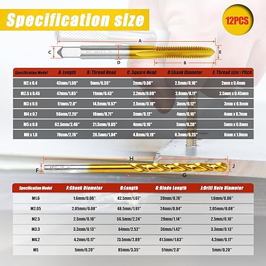12Pcs Metric Drill and Tap Set with 1Pc Tap Wrench, M2 HSS Thread Tap Set from M2 to M6, Combination of Drill and Tap Set for Metal,with Box