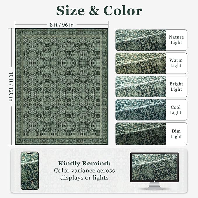 Washable Rugs 8x10 Dark Green, Floral Moroccan Pattern Printed Vintage Boho Styler for Living Room Bedroom, Non Slip Low Pile Thin Carpet Rug for Dining Room Guest Room Office