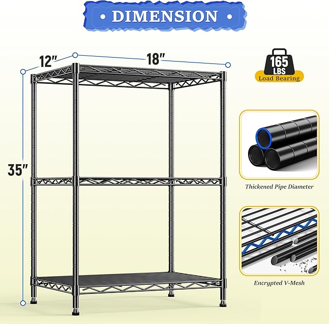 35.4''H Shelf 3 Tier Storage Shelves Metal Shelving,Adjustable Small Wire Shelving Unit,Utility Steel Shelving Organizer Storage Rack for Kitchen Bedroom Laundry Pantry Office,17.7''Wx11.8''D,Black