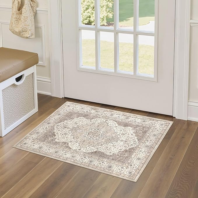 2x3 Washable Entryway Rug: Non-Slip Soft Indoor Throw Small Vintage Floral Area Rug for Kitchen Bedroom, Low Pile Durable Carpet for Front Door Porch Floor Doormat Home Decor (Brown/Beige)