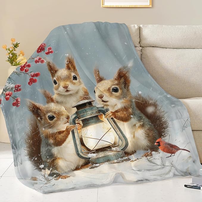 Squirrel Blanket Gifts for Girls Boys Christmas Winter Throw Blankets Cozy Plush Fleece Flannel Fuzzy for Women Men Decor 60"X50"