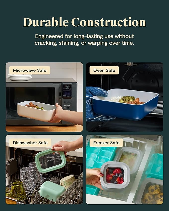 Caraway Glass Food Storage - 10 Cup Glass Container - Ceramic Coated Food Container - Non Stick Lunch Box with Lids - Dishwasher, Oven, & Microwave Safe - Square Shape - Perracotta