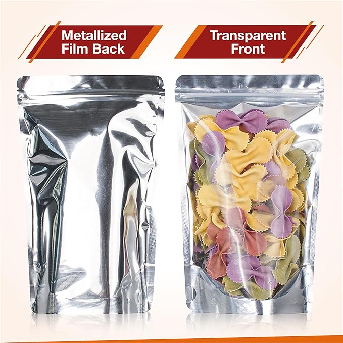 BELLE KR® Pint Mylar Bags for Food Storage - Pack Of 300-5x8-7.5mil Thick - Gusseted Bottom Clear Front Mylar Bags for Freeze Dryer - Labels Included