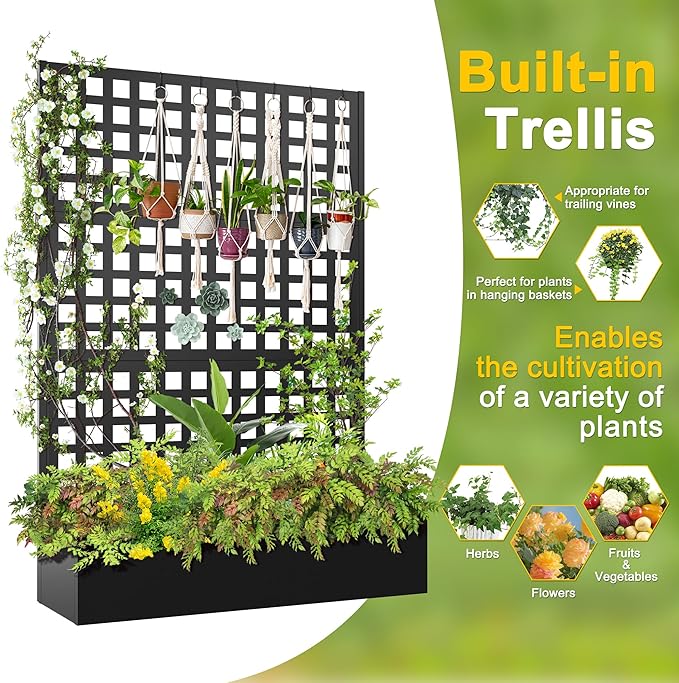 FENCY Metal Raised Garden Bed with Trellis, Metal Planter Box with Trellis, Garden Box for Climbing Plants Vegetable, 47''Lx16''Wx71''H Garden Bed with Drainage Holes(Black)