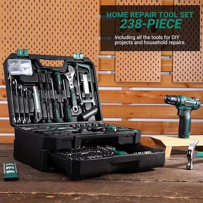 Tool Set: Tool Kit with 12V Cordless Drill, Hand Toolbox with storage case, Mechanic Tool set for Home Repairs, Green