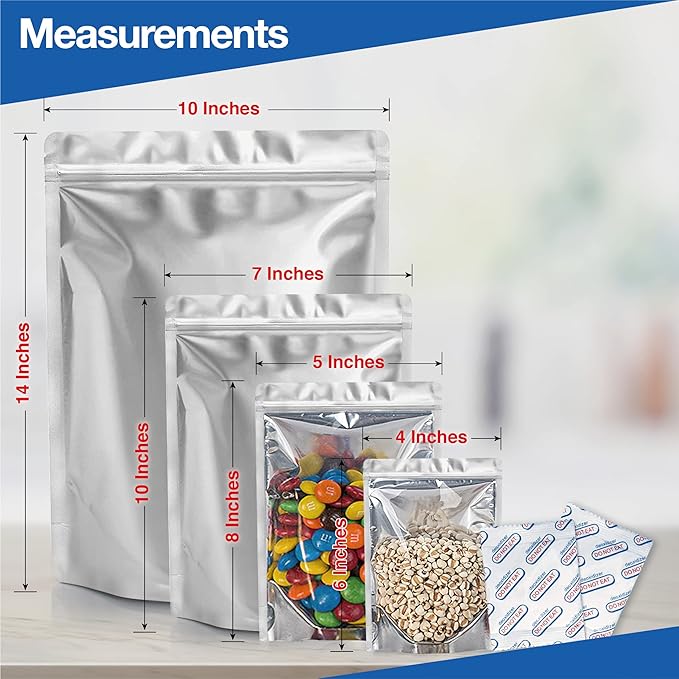 BELLE KR® 100 Pcs Assorted Mylar Bags for Food Storage With Oxygen Absorber 500cc - Large Mylar bags 1 Gallon (10x14), 7x10 & 5x8, 4x6 with 1 Side Clear - (25 Pcs Each) with 100 Labels