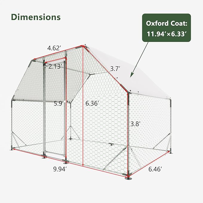 Chicken Coop Large Metal Chicken Coop Walk-In Poultry Cage Chicken Run for 6-10 Chickens,Durable Chicken House/cage with Waterproof and Anti-UV Cover,Suit for Your Backyard(9.8'Lx6.5'Wx6.8'H)