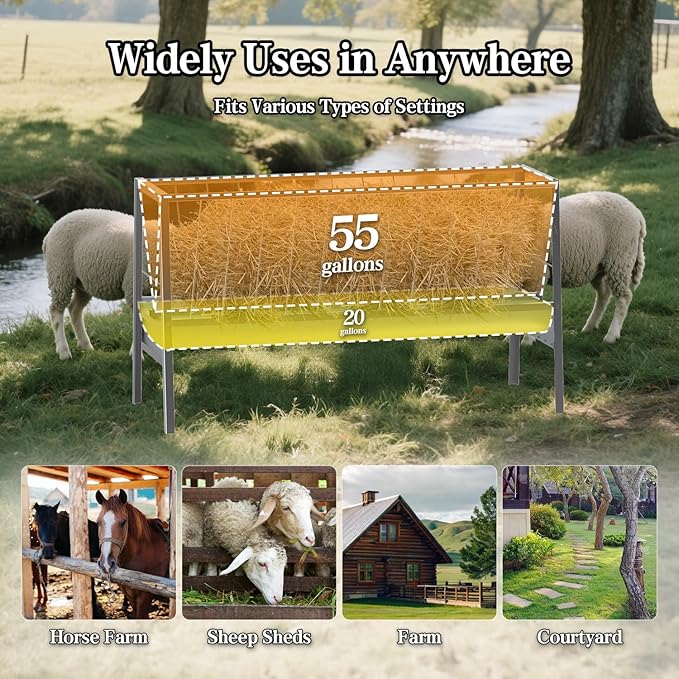 5 Ft Pasture Feeder, 77 Gallon Capacity Livestock Feeder with Deeper Feeding Pan, All Steel Frame, Easy to Assemble and Carry, Feeding Goats, Sheep and Miniature Horses, for Farms, Sheep Sheds