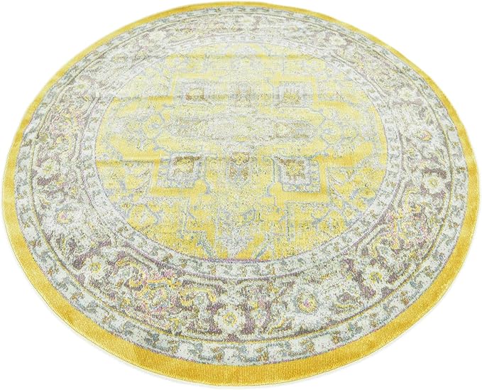 Unique Loom Baracoa Collection Area Rug - Prado (5' 5" Round, Yellow/ Ivory)