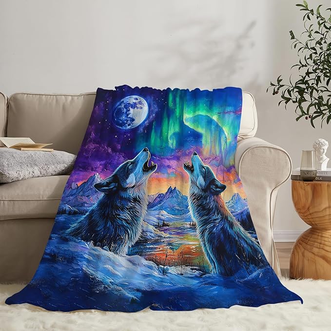 Wolf Throw Blanket Wolfs Animal Gifts for Girls Women Men Boys Plush Cozy Flannel Fleece Fuzzy Landscape Blankets Decor 80"X60"