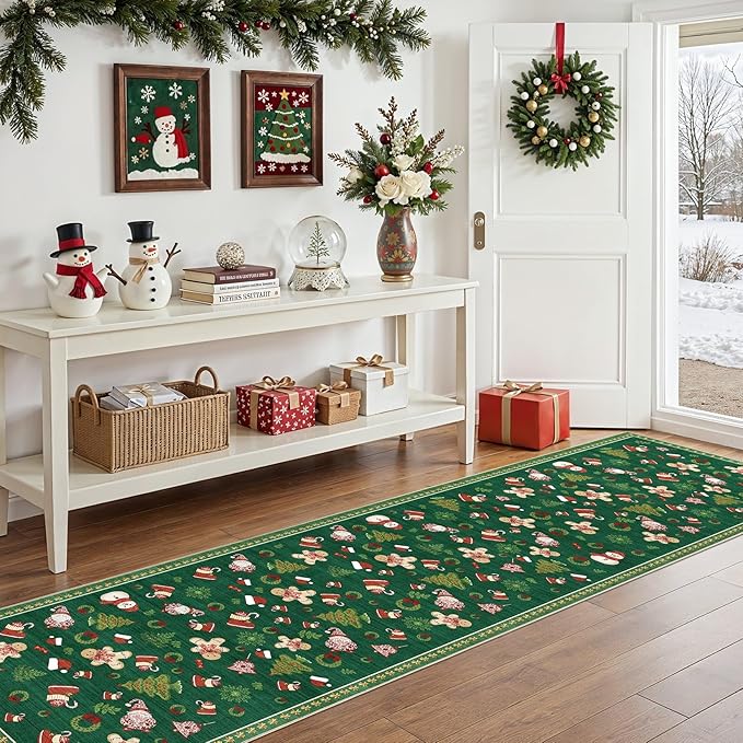 Christmas Runner Rug for Hallway: 2x8 Neutral Modern Festive Area Rug - Washable Low Pile Soft Thin Indoor Carpet for Bedroom Kitchen Laundryt Kids Room Holiday Decor - Red