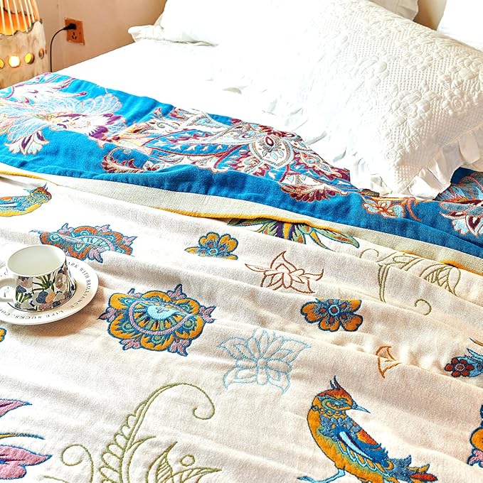 Boho Throw Blanket, 100% Organic Cotton Breathable Skin-Friendly Ultra Soft Bed Quilt Throw - All Season Floral Bird Farmhouse Décor Luxury Blanket for Sofa Couch Chair and Gift. 91" x 98"