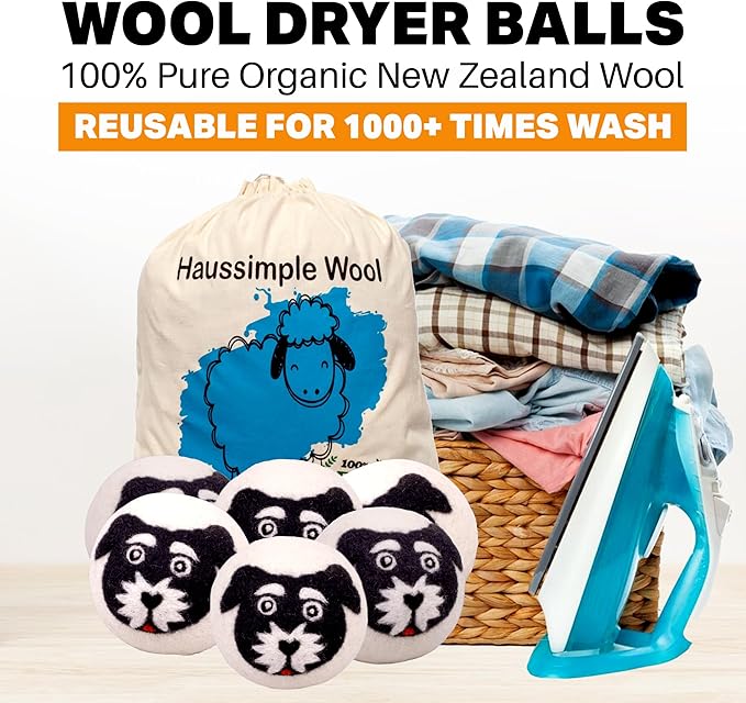 Wool Dryer Balls 6-Pack 100% Natural New Zealand Wool, Handmade in Nepal Reusable Laundry Balls, Faster Drying, Softer Clothes, Anti-Static, Dryer Sheets Alternative (Black White, Dog)