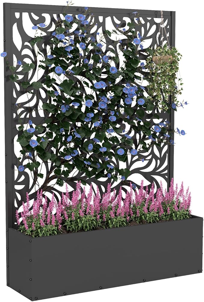 Metal Planter Box with Trellis,70.9"x47.2"x15.7" Raised Garden Bed with Drainage Holes, Privacy Planters for Outdoor Garden Bed for Climbing Plants,Vegetables,and Vines, Black-Flower