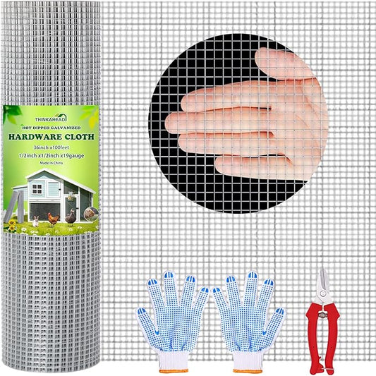 Thinkahead Hardware Cloth 1/2 Inch 36 X 100 ft 19 Gauge, Chicken Coop Wire Fencing, Hot Dipped Galvanized Wire Mesh, Hardware Cloth for Chicken Coop, Rabbit Cages, Garden, Small Rodents Screen Fence