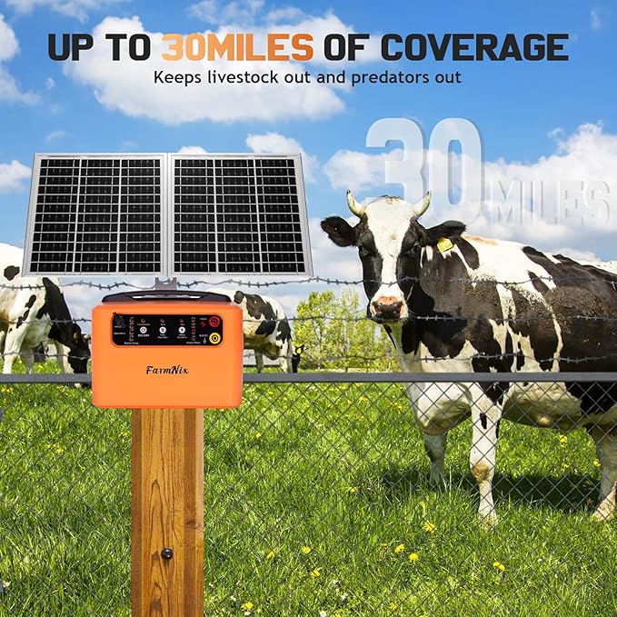 30 Miles Solar Electric Fence Charger with 15W Solar Panel,4 Gears Adjustable Output Power:0.3J,0.8J,1.1J,1.5J,24-Hour Protect Electric Fence for Livestock,Sheep,Horses,Cattle