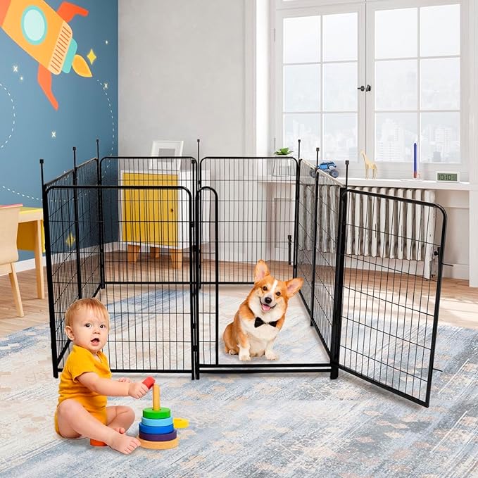 Tall Garden Fence Animal Barrier, 54 in(H) Dog Fences for The Yard, 10 Panels Total 22.1 Ft(L) Garden Edging Fence, 21 in Wide Low Threshold Gate, Temporary Fences for Dogs Outdoor