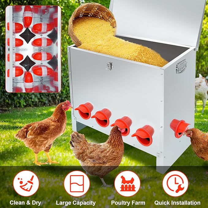RYFT 85-120Lbs Chicken Feeder No Waste, 10-Port Automatic Large Galvanized Metal Fed Chicken with Latch & Handle for Chickens, Pheasants, Bantams Poultry Coop Weatherproof Chicken Feeder