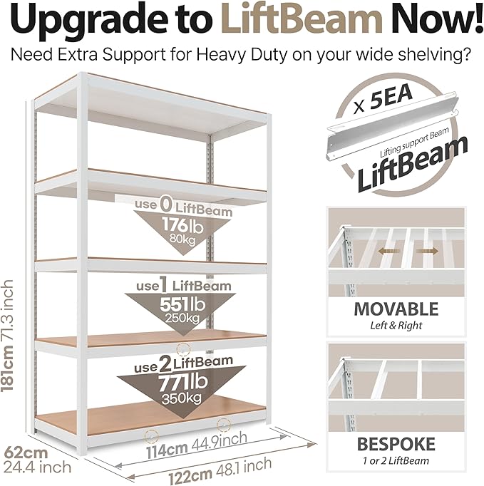 HOMEDANT House Lift-Beam White Boltless Heavy Duty Garage Storage Shelving Adjustable 5-Tier Metal Shelves Laminated Shelf Industrial Utility Rack Pantry 48.1" W x 24.4" D x 71.3" H 4Pack