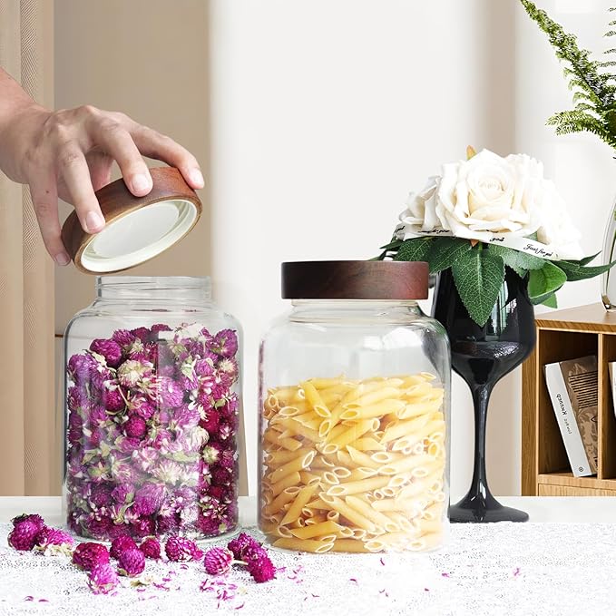 Glass Coffee Jars Spice Jar Round Storage Canister with Wooden Lid Clear Glass Food Jar for Pantry Sugar Tea Coffee Bean Spice Nuts Cookies Bath Salts (1800ml/60oz-2PACK（with spoon)
