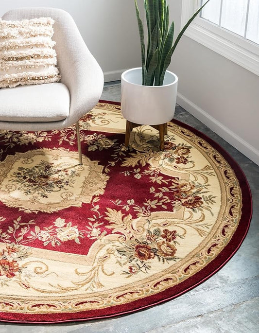 Unique Loom Versailles Collection Traditional Classic Floral Motif Area Rug (3' 3 x 3' 3 Round, Burgundy/Ivory)