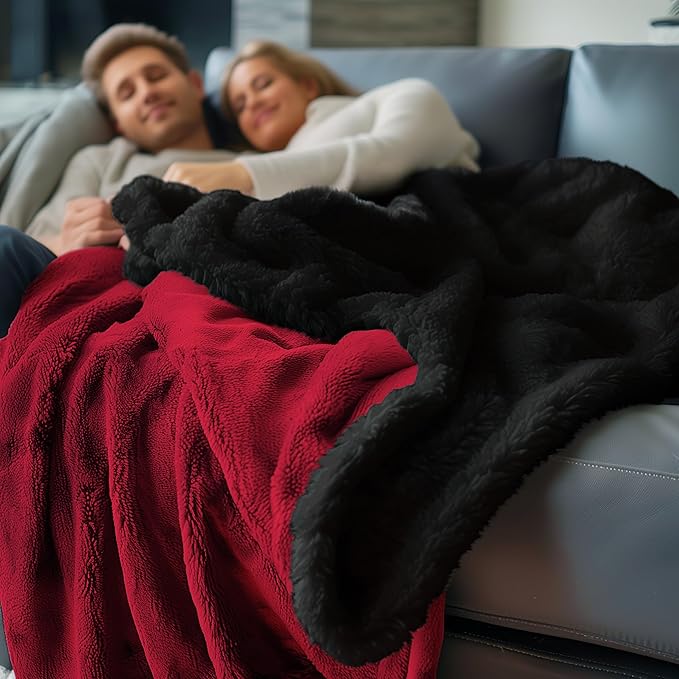 Waterproof Blanket Twin Size - Sherpa Fleece Reversible Throw, Soft Warm Leak-Proof Bed & Couch Protector for Kids, Pets & Everyday Spills (Velvet Red/Obsidian Black, 65x90