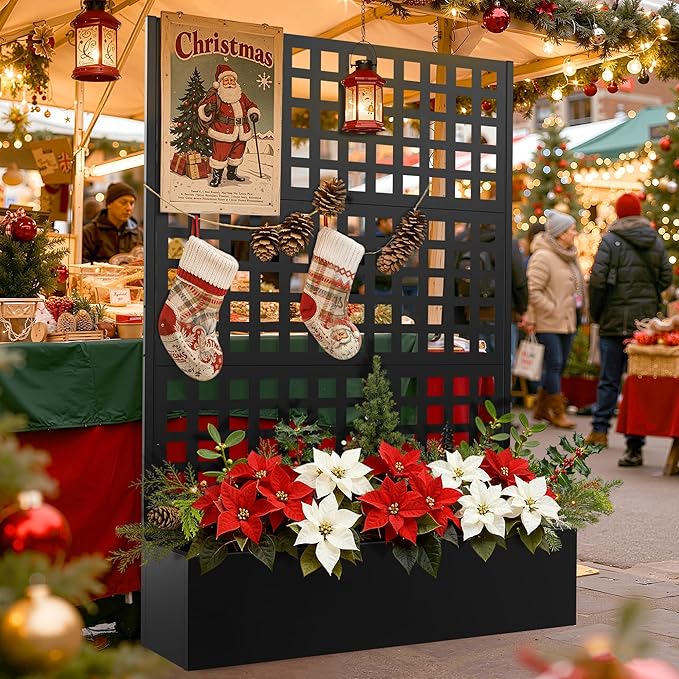 FENCY Metal Raised Garden Bed with Trellis, Metal Planter Box with Trellis, Garden Box for Climbing Plants Vegetable, 47''Lx16''Wx71''H Garden Bed with Drainage Holes(Black)