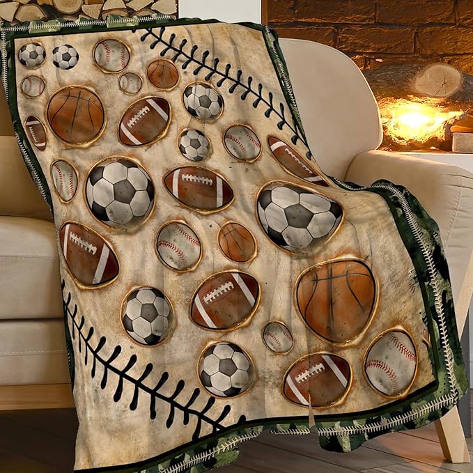 Vintage Sports Soccer Blanket Ultra Soft Cozy Plush Baseball Basketball Football Throw Blanket Sport Ball Fans Lovers Gifts Kids Adults Lightweight Flannel Comfy Blankets for Couch Sofa Bed 60"x50"