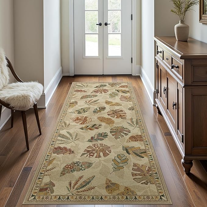 GENIMO Runner Rug 2x10 Non Slip Machine Washable Hallway Runner Rug, Low Pile Lightweight Rugs for Entryway, Hallway, Kitchen and Corridor, Leafy Daylight