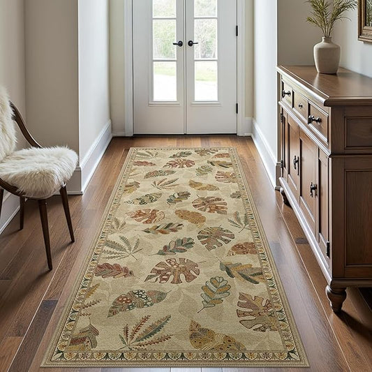 GENIMO Runner Rug 2x10 Non Slip Machine Washable Hallway Runner Rug, Low Pile Lightweight Rugs for Entryway, Hallway, Kitchen and Corridor, Leafy Daylight