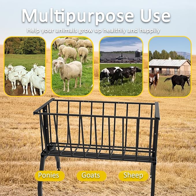 Hay Feeder Goat，55 Gallon Livestock Feeders, Pasture Feeder for Feeding Goats, Sheep and Ponies, for Farms, Sheep Sheds，Stable，Floor Model Hay Feeder for Goats，Black