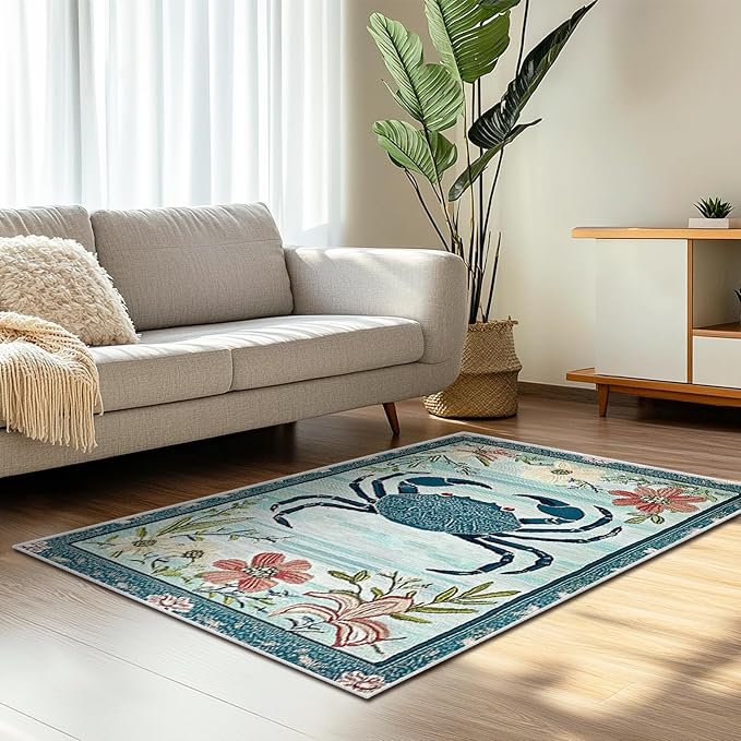 3x5 Crab Area Rugs Boho Teal Rug for Bathroom Kitchen Entryway Indoor Soft Non-Slip Thin Hippie Carpet Small Floral Doormat for Office Dining Room Home Decor Under Table Washable Machine