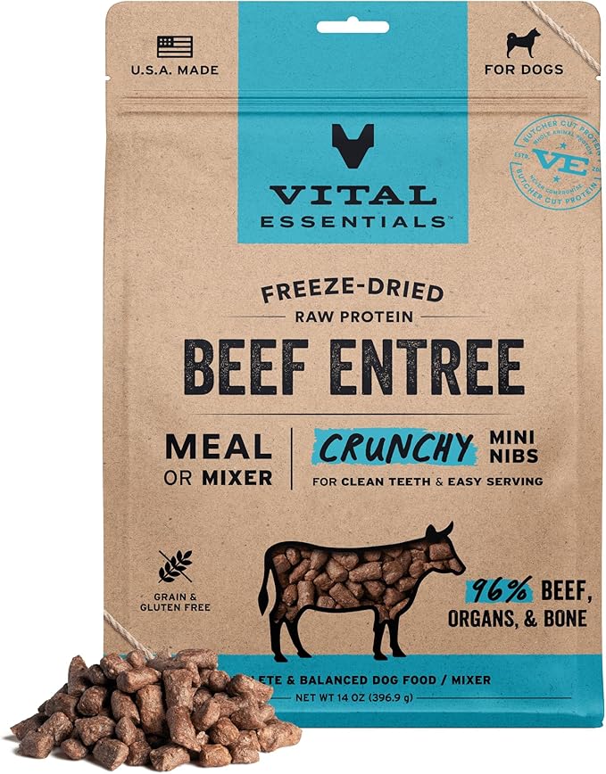 Vital Essentials Freeze-Dried Raw Beef Crunchy Mini Nibs | Complete Meal or Mixer Dog Food | 14 oz