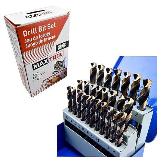 MaxTool Twist Drill Bit Set 26PCs High Speed Steel M2 Jobber Length Fully Ground for Metal Stainless Steel Plastic etc Letter A to Z; JBS02H10R26