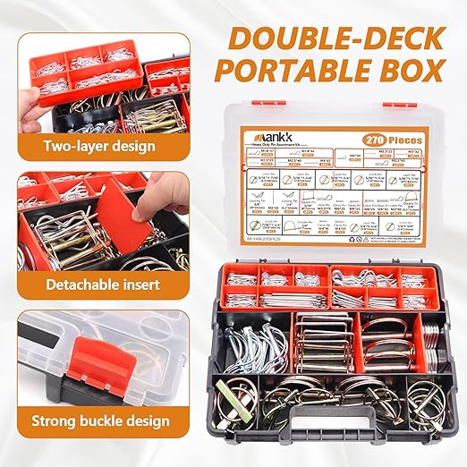 mankk 270PCS Heavy Duty Hitch Pins Clip Pins 3 Point Assortment Kit Tractor Pins Linch Pins PTO Pins R Clip Pins Hair Pins,for Farm Tractors Trailers Trucks Attachments Lawn Mowers